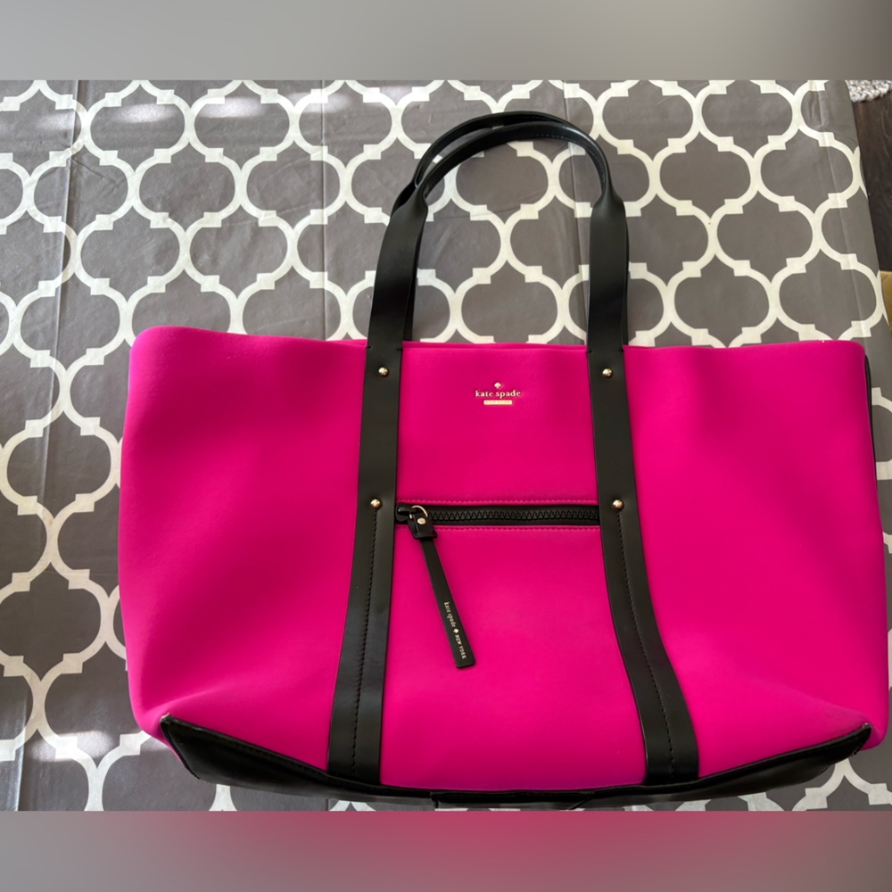 KATE SPADE Fuchsia Neoprene with Black leather trim large Tote - Picture 3 of 11